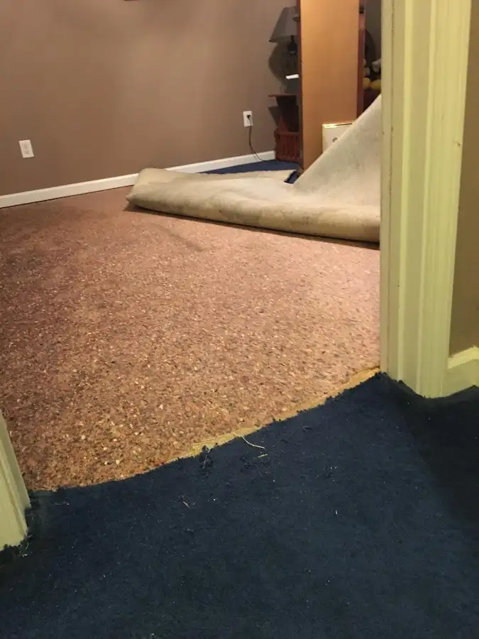Carpet pad removal revealing water damage during Water Mitigation Services in El Cajon